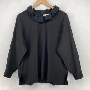 MODEX Top Womens L Ruffle Neck Button Back Blouse 90s Long Sleeve Black VTG
